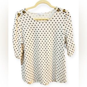 NWT | 89th+Madison Top • L • Light Heather beige w navy polka dots